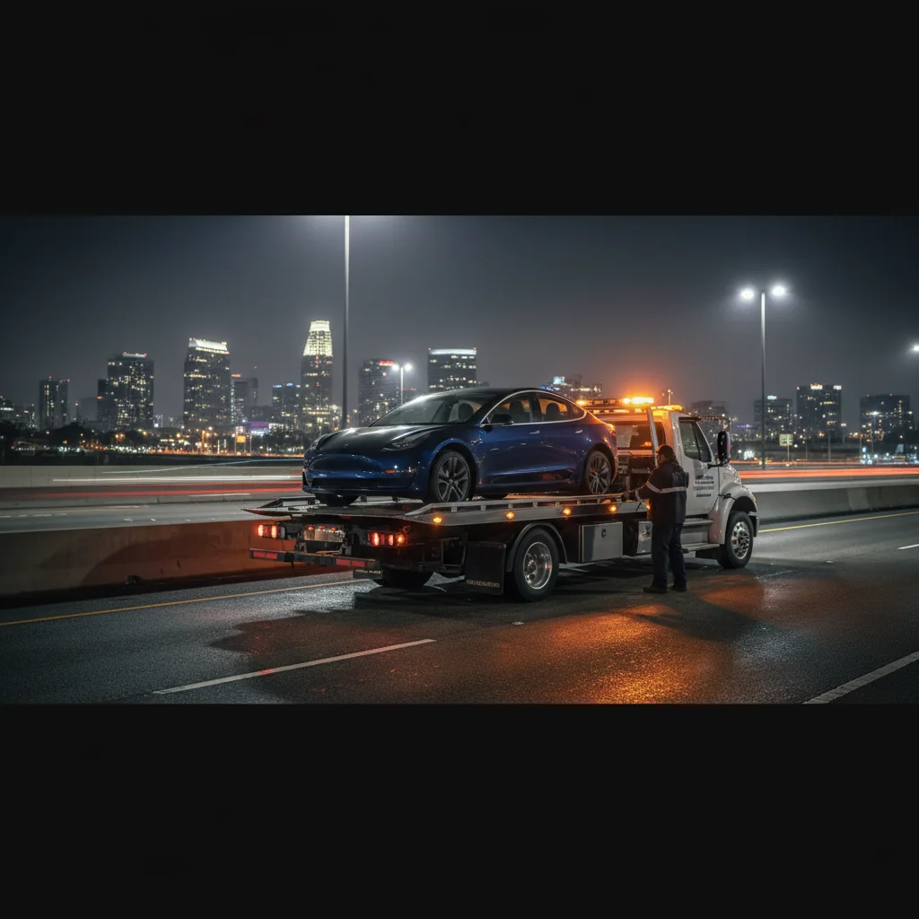 A flatbed tow truck with amber warning lights loading a sedan on a San Diego freeway shoulder at night.