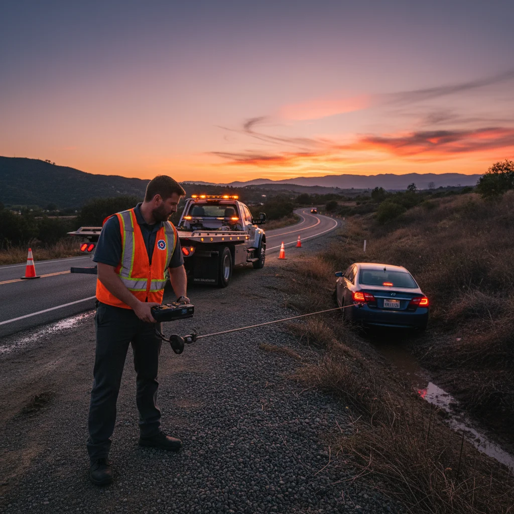 Tow operator in reflective vest winching a damaged sedan off a Poway road shoulder at dusk
