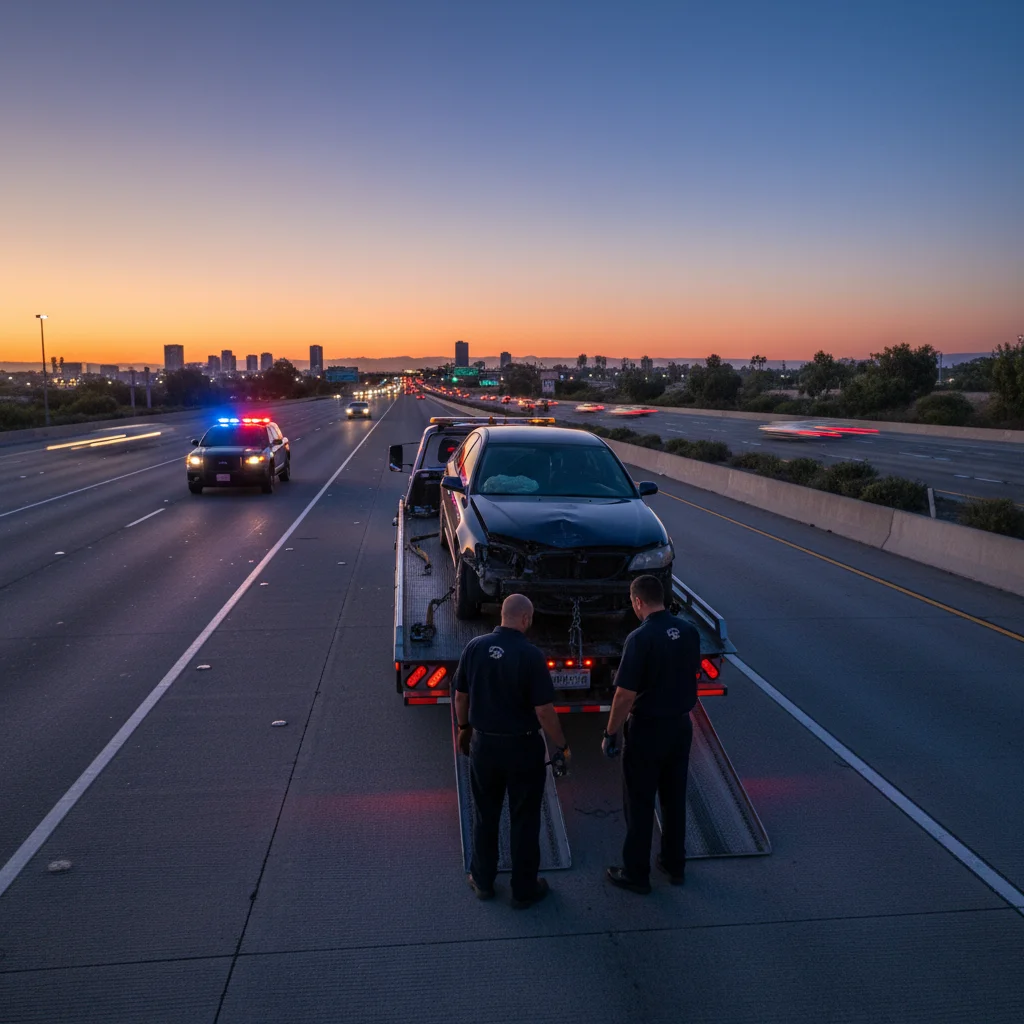 Flatbed tow truck loading a crashed sedan on a San Diego freeway shoulder at dusk with CHP lights visible