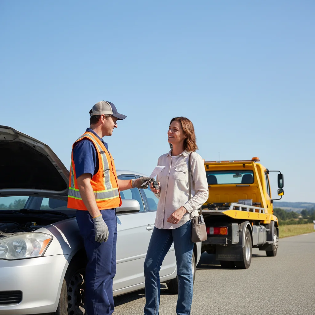 Roadside assistance technician helping a stranded driver on a San Diego freeway shoulder.