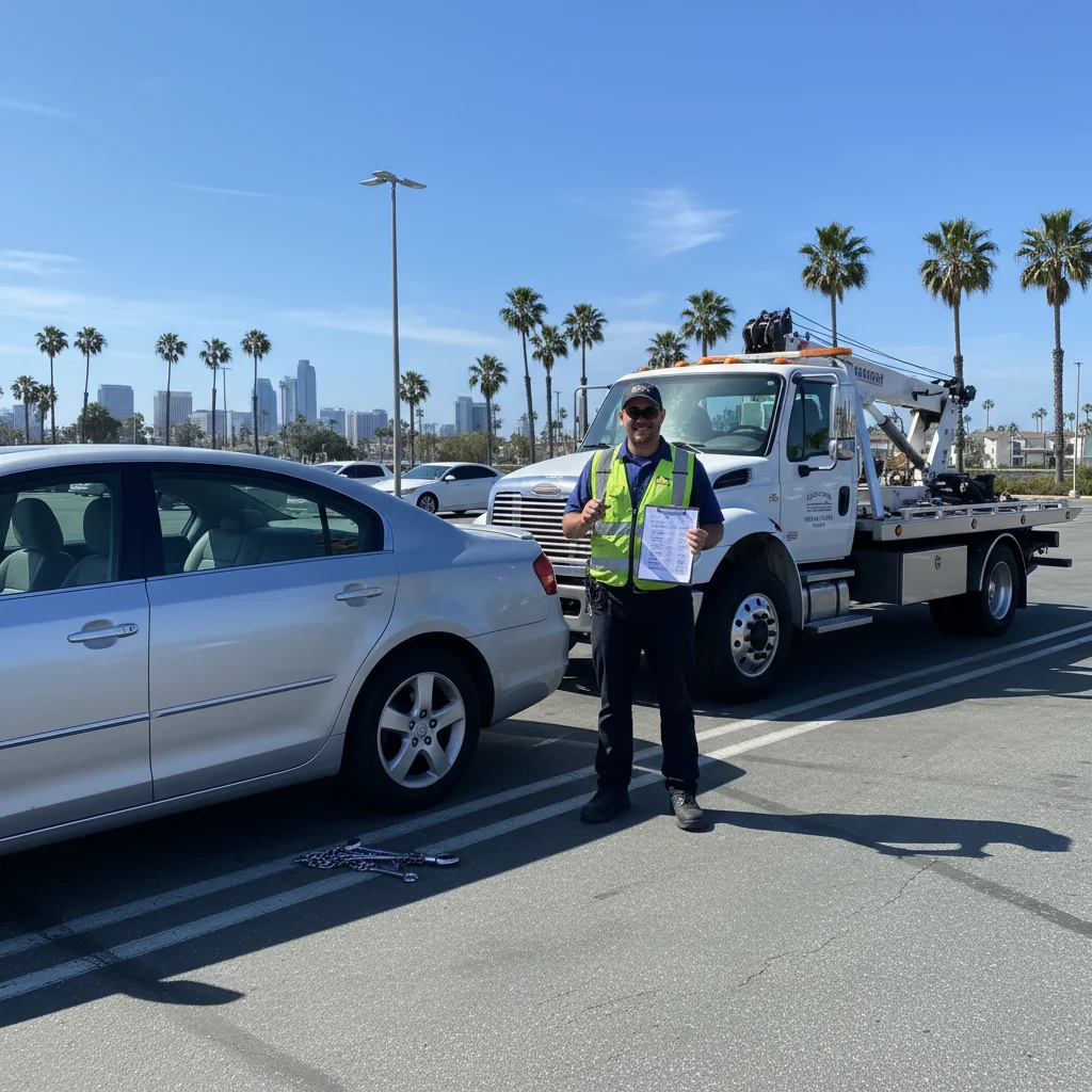 A flatbed tow truck loading a sedan on a San Diego street at dusk
