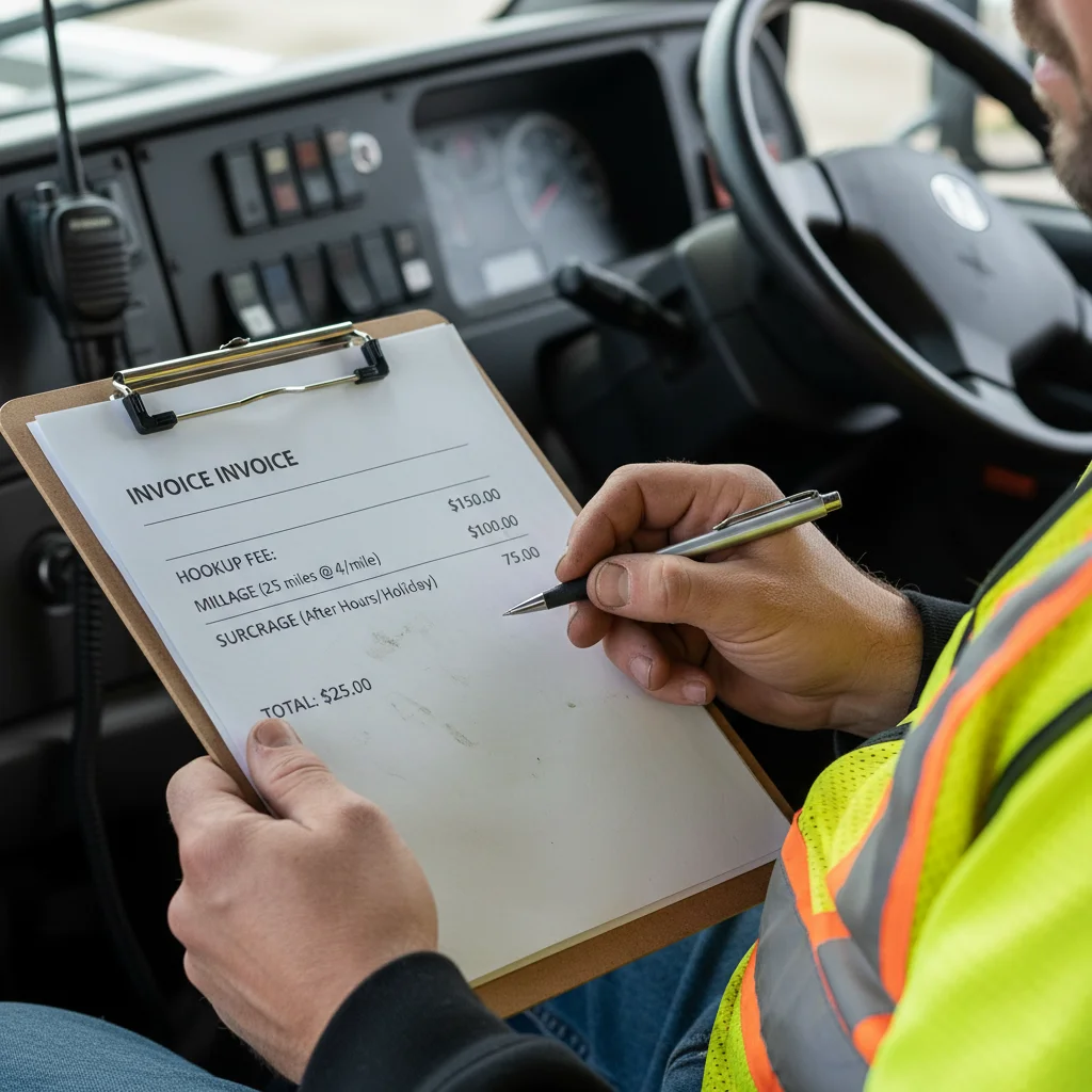 A detailed tow invoice listing the hookup fee, per-mile charge, and other surcharges.