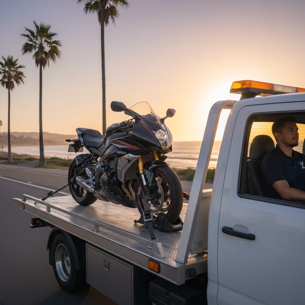 Motorcycle strapped securely on a flatbed tow truck at golden hour on a coastal San Diego highway