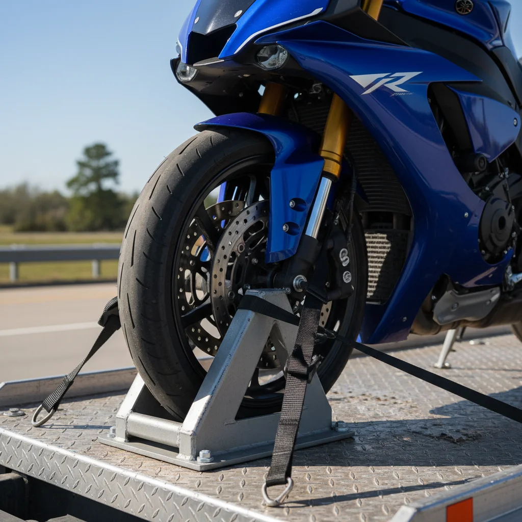 Close-up of soft straps and wheel chock holding a sport bike on a flatbed deck