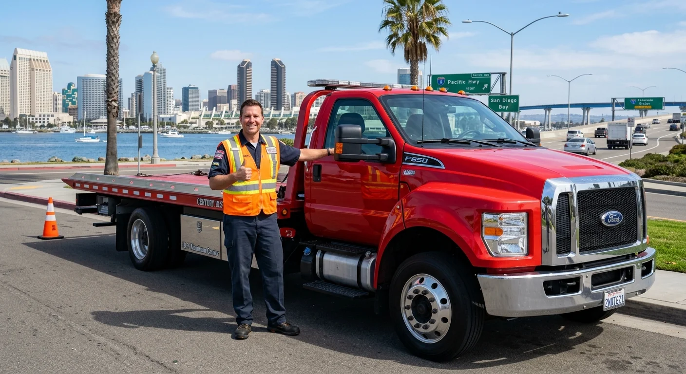 A friendly, professional tow truck operator giving a thumbs-up next to their clean, modern tow truck in a San Diego setting.