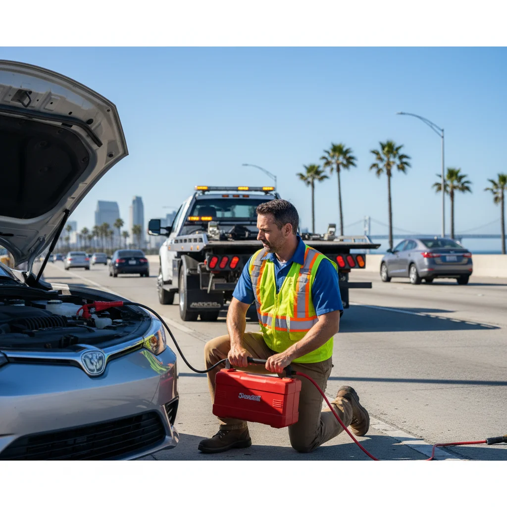 Tow truck jump starting a car on a sunny San Diego street, with palm trees in the background