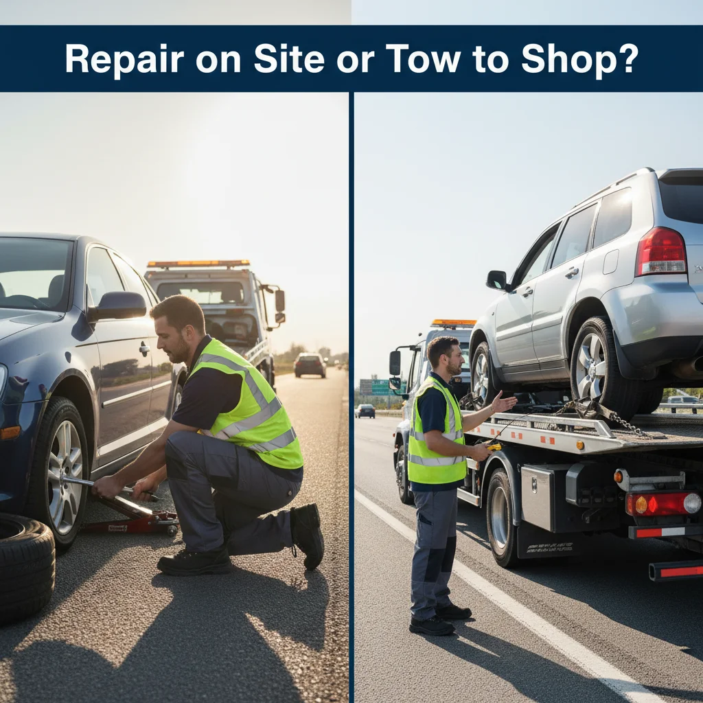 Side-by-side comparison graphic showing a technician swapping a spare tire on the left and a car loaded onto a flatbed on the right.