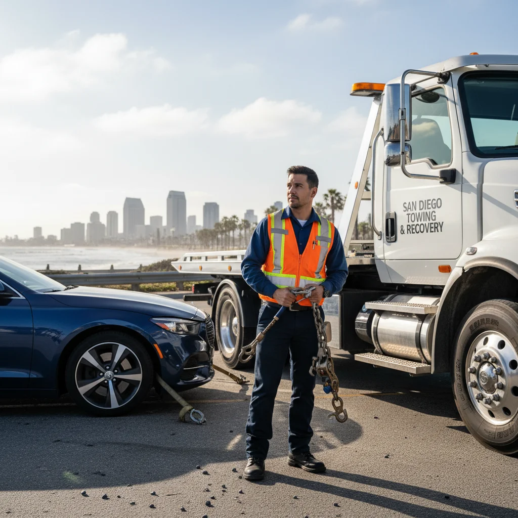 A clean modern flatbed tow truck loading a sedan on a San Diego street at golden hour
