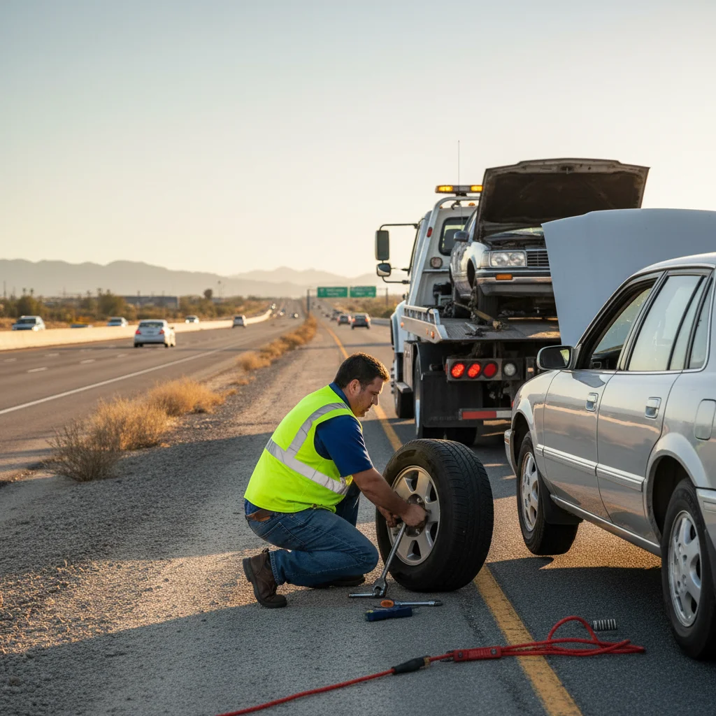 Un carro detenido en el hombro de una autopista de San Diego en un día caluroso con el cofre levantado