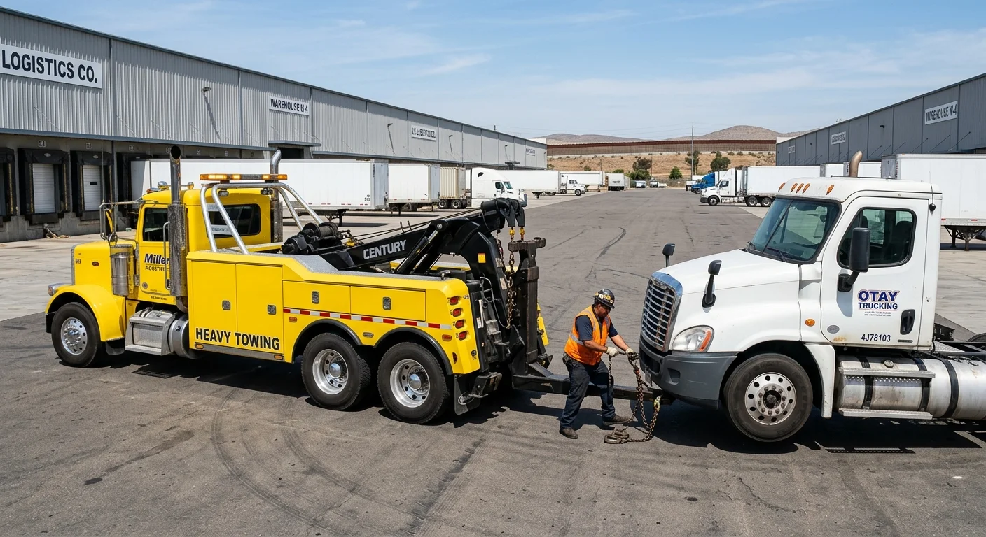 A large, modern heavy-duty tow truck hooking up to a semi-truck cab in an industrial park in Otay Mesa, with commercial warehouses in the background.