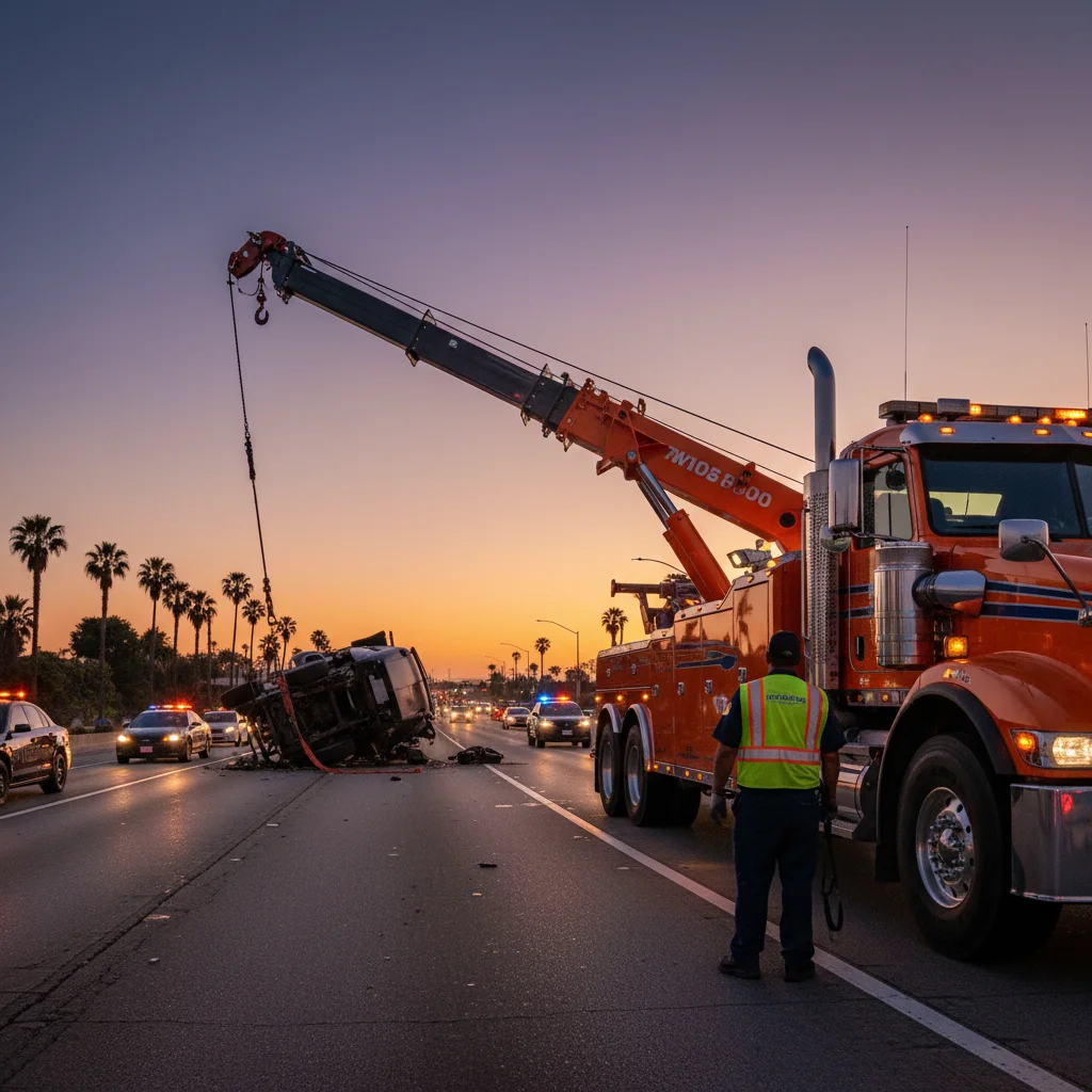 Heavy-duty rotator tow truck recovering a jackknifed semi on a San Diego highway at dusk