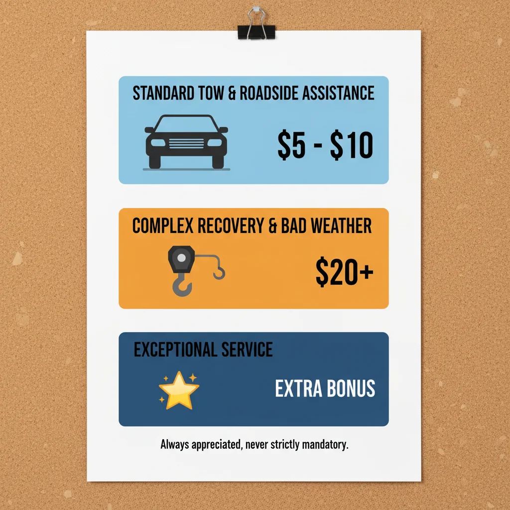 Infographic showing recommended tip amounts: standard tow $5-$10, complex winch-out $20+, bad weather bonus.