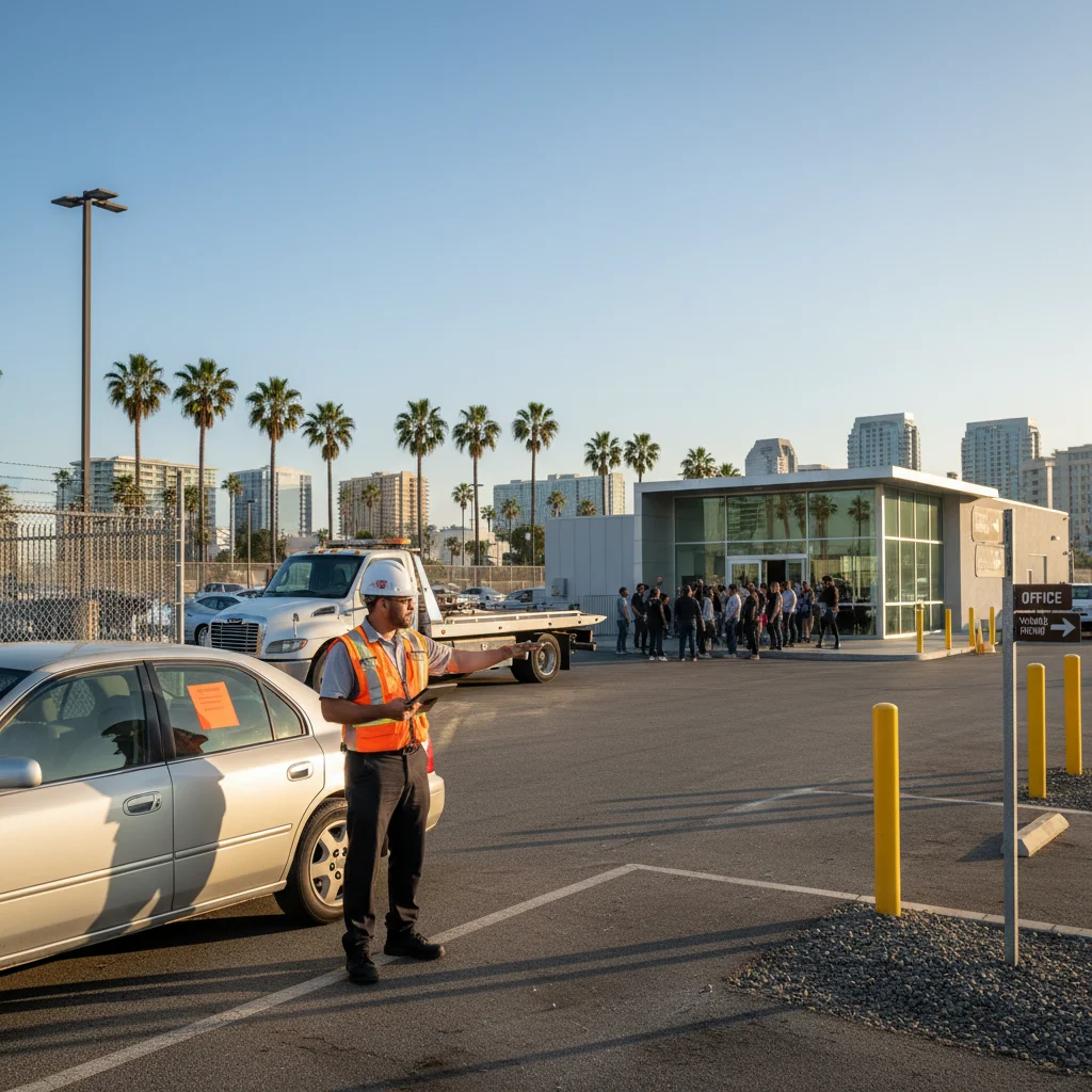 Distraught driver looking at an empty parking spot where their car was, with a San Diego street sign in the background.