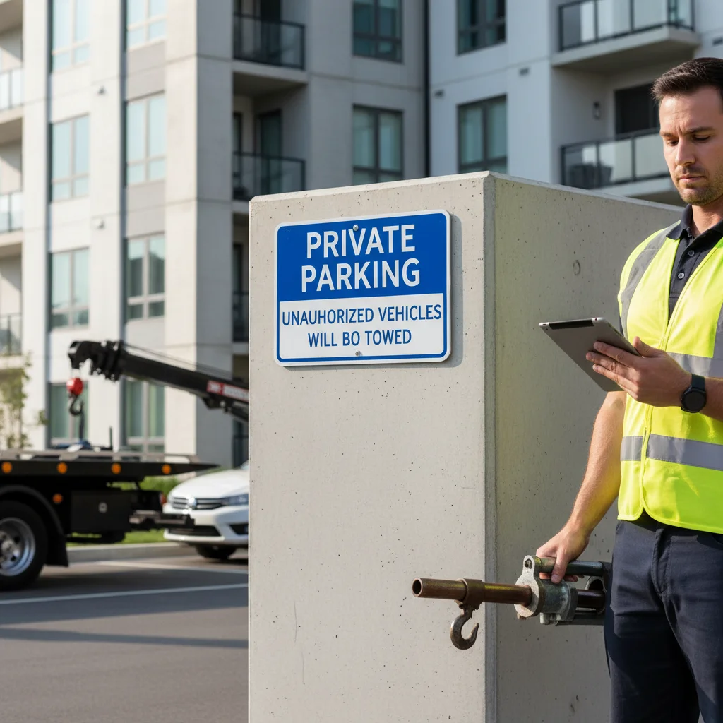 A clearly visible 'Private Parking, Unauthorized Vehicles Will Be Towed' sign on a clean, modern apartment building wall.
