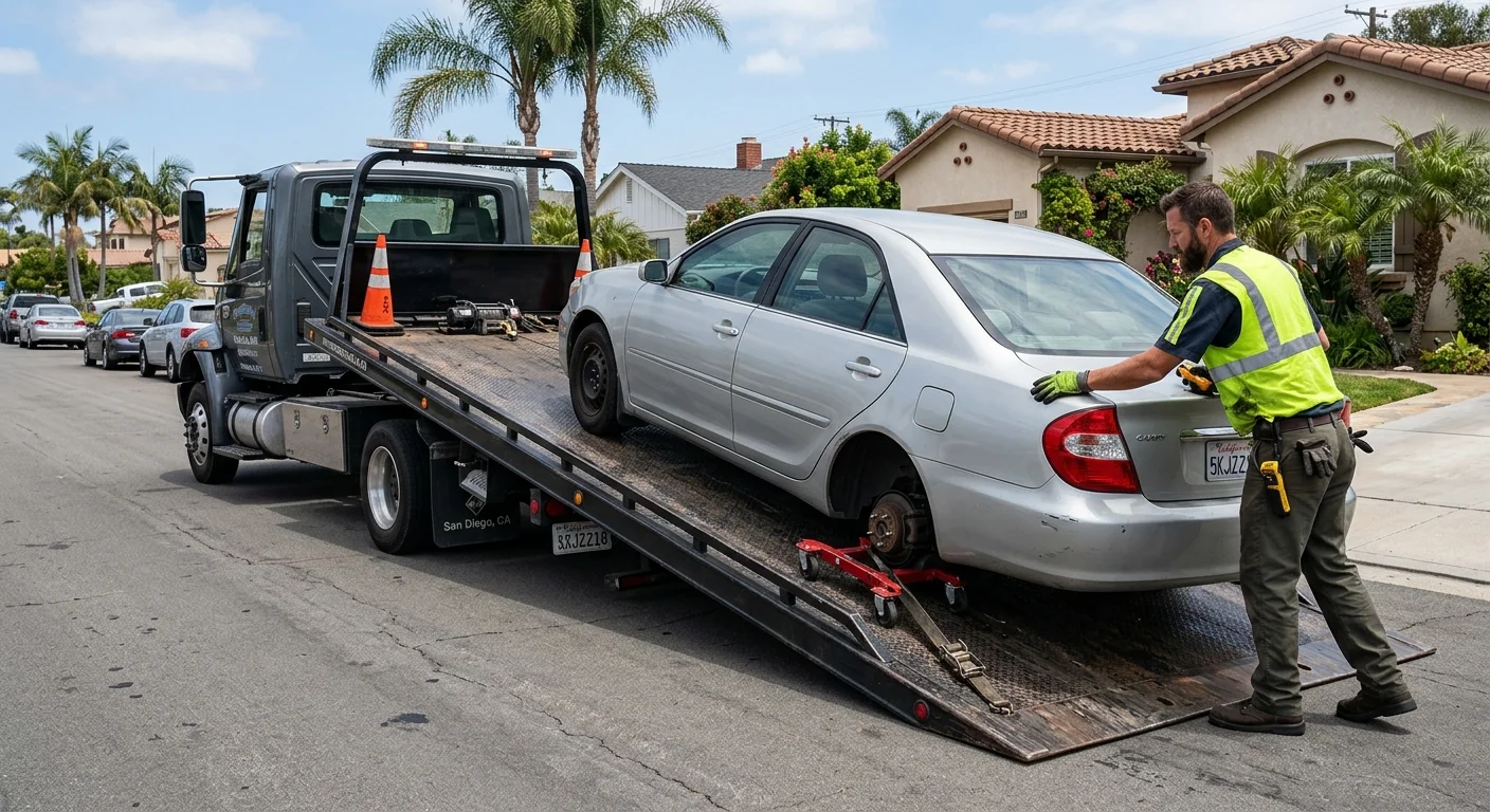 A flatbed tow truck operator skillfully loading a sedan with a missing front wheel onto the truck bed using skates, in a San Diego residential area.