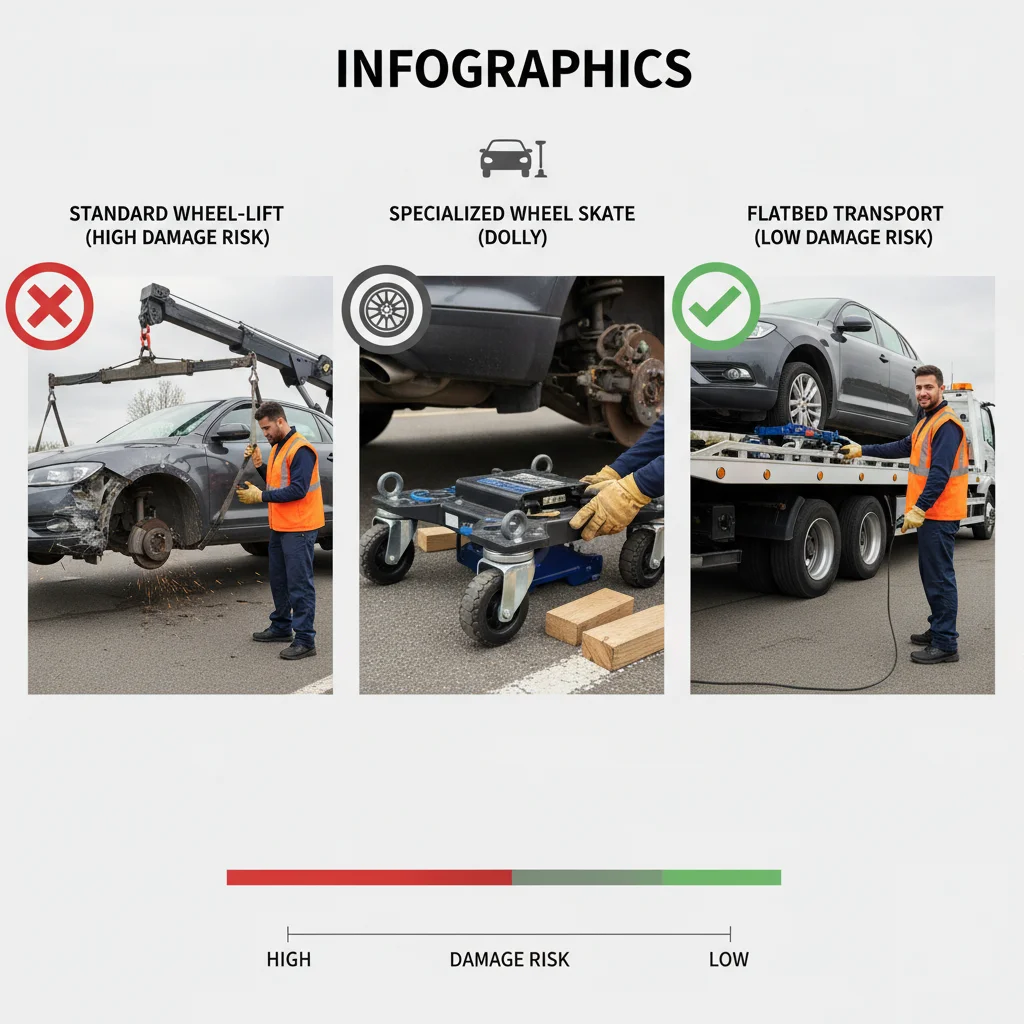 Infographic detailing how to tow a car missing wheels, illustrating the failure of wheel-lift towing and the success of flatbed towing with specialized dollies.