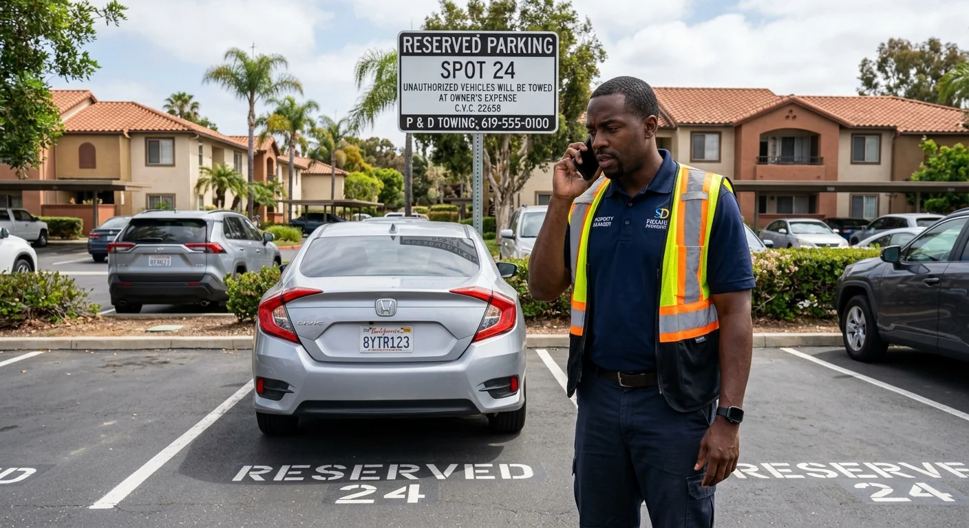 A property manager on the phone, looking at an illegally parked car in an apartment complex parking spot in San Diego, with a clear 'Reserved Parking' sign visible.