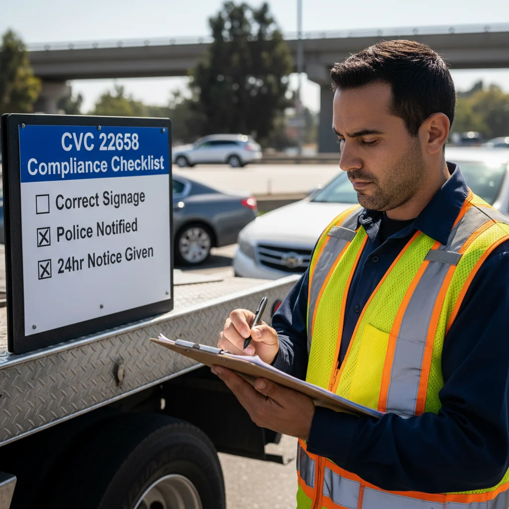 Checklist graphic for CVC 22658 compliance with items for signs and notifications.
