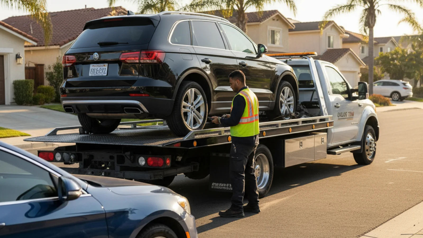 A driver standing next to a tow truck in San Diego with their phone out, reading a tow notice.
