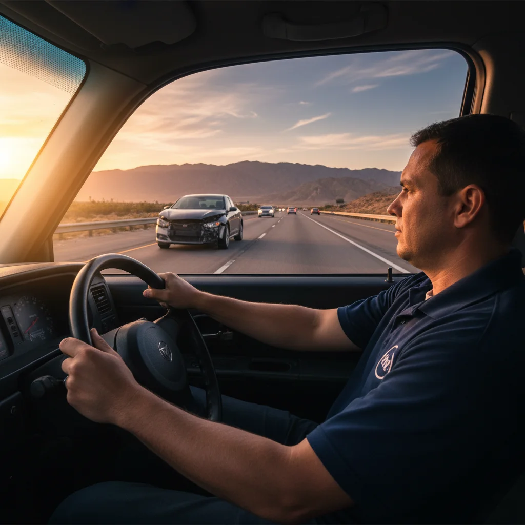 Flatbed tow truck carrying a sedan eastbound on Interstate 8 with mountains in the background at golden hour