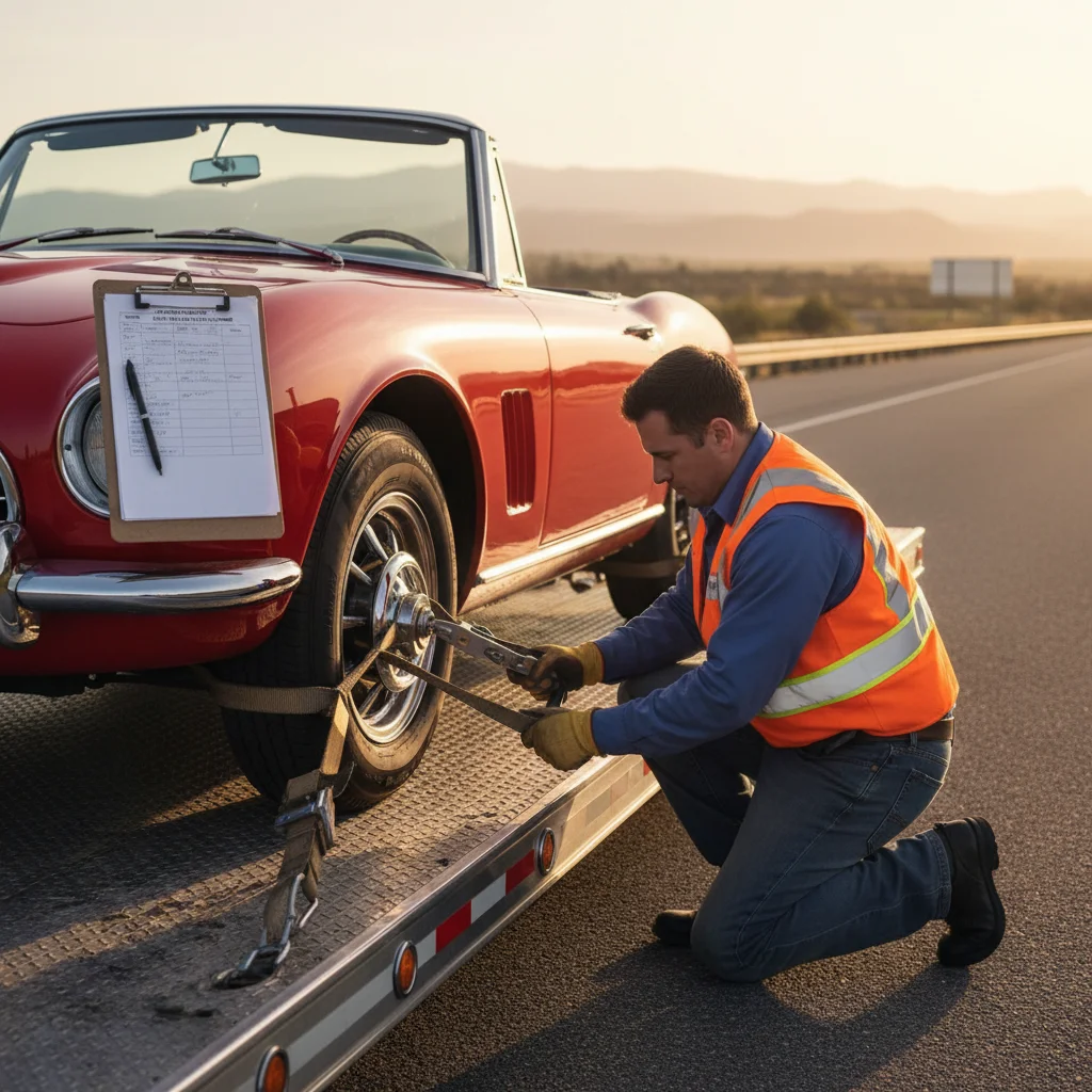 Operator strapping a vehicle down for a multi-state transport, paperwork on clipboard visible