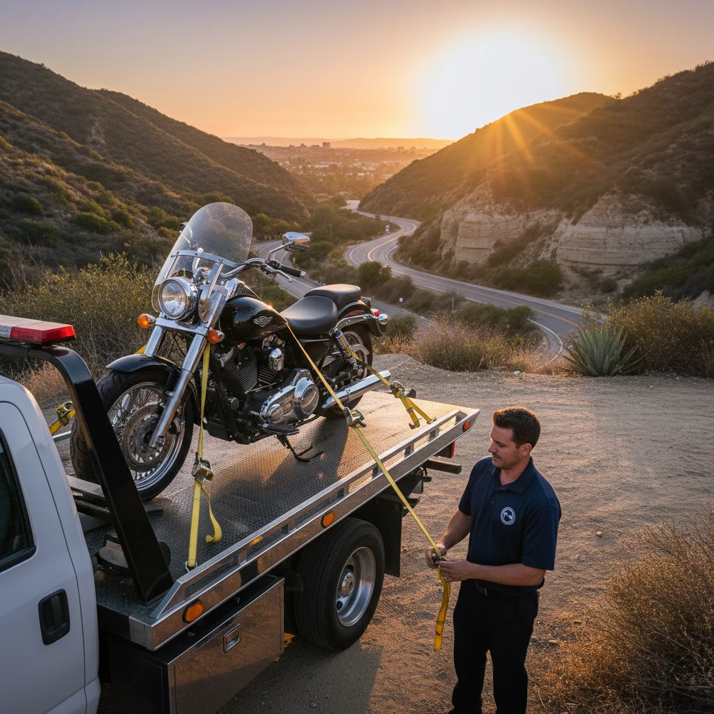 A motorcycle loaded carefully onto a flatbed tow truck on a San Diego canyon road at golden hour, soft straps visible, professional and calm