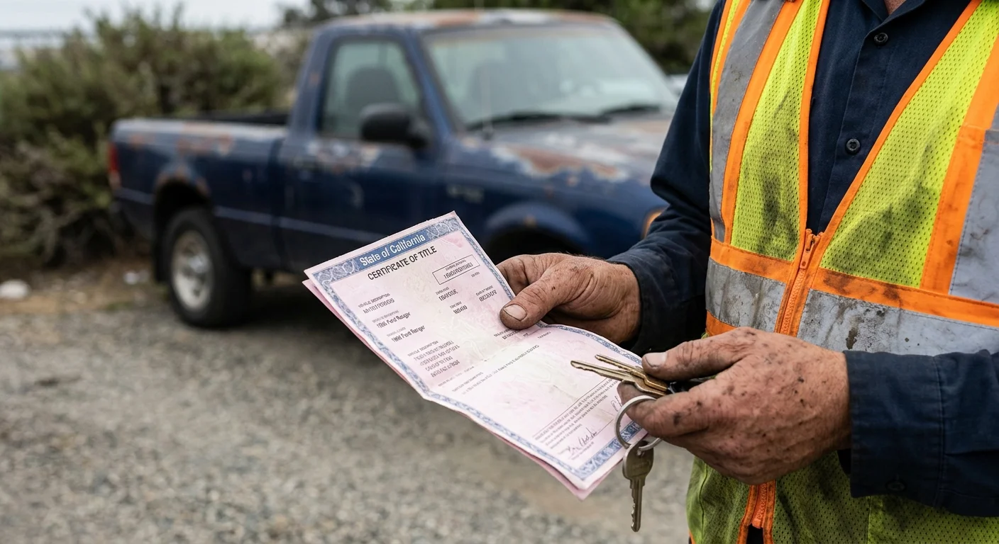 A person's hands holding a California Certificate of Title (pink slip) and car keys, with a beat-up old car in the blurred background.