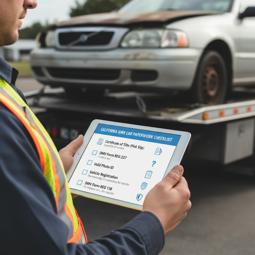 A checklist summarizing all required documents for junking a car in California, including title, lost title forms, and registration details.