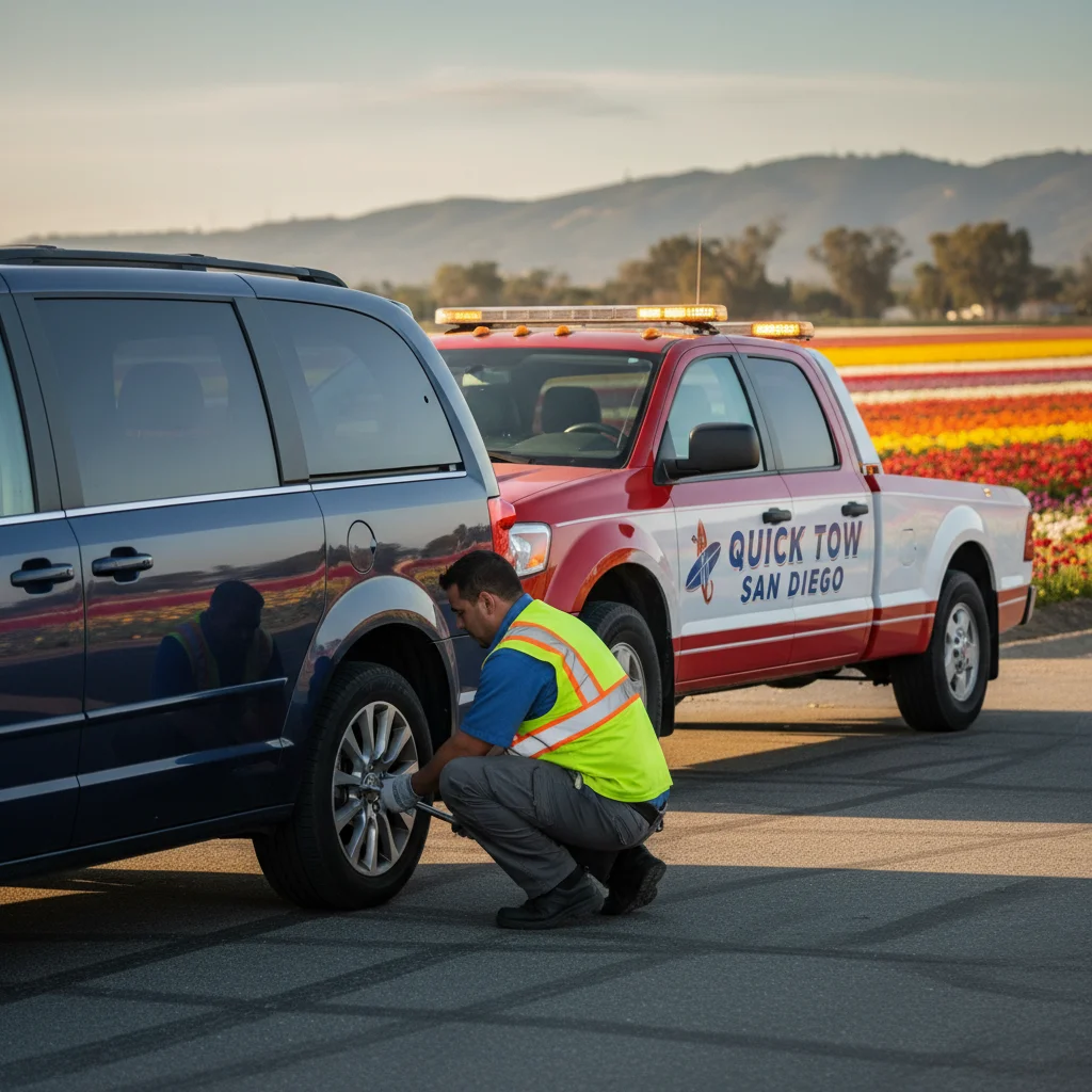A Quick Tow San Diego service truck next to a minivan with a flat tire, with the Carlsbad Flower Fields in the background.
