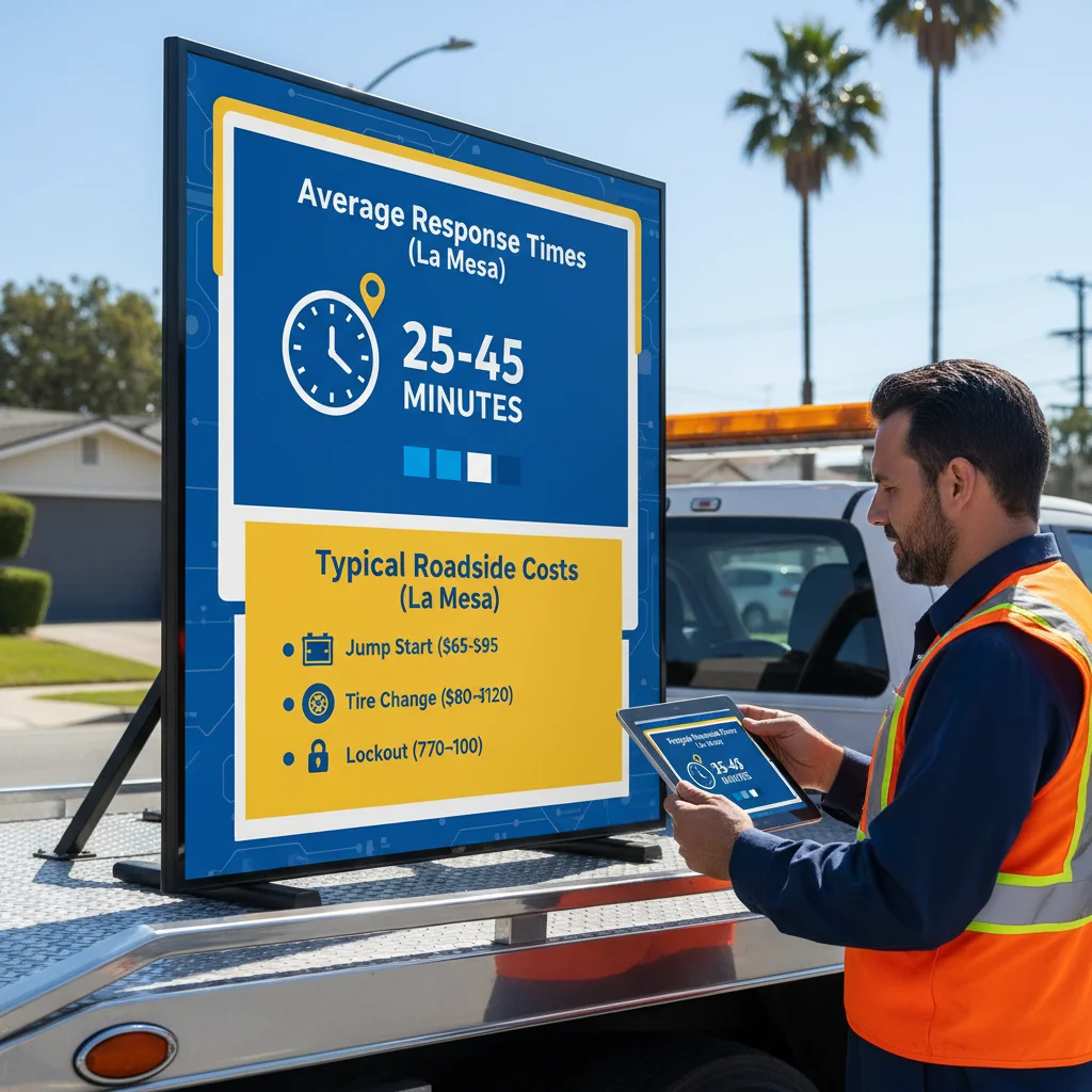 Infographic detailing average response times and typical costs for common roadside assistance services in La Mesa, San Diego.