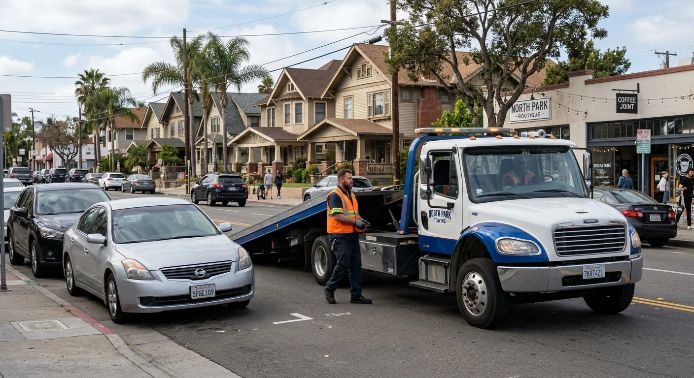 A tow truck carefully maneuvering to assist a car parallel parked on a busy street in North Park, with the neighborhood's characteristic craftsman homes and storefronts in the background.