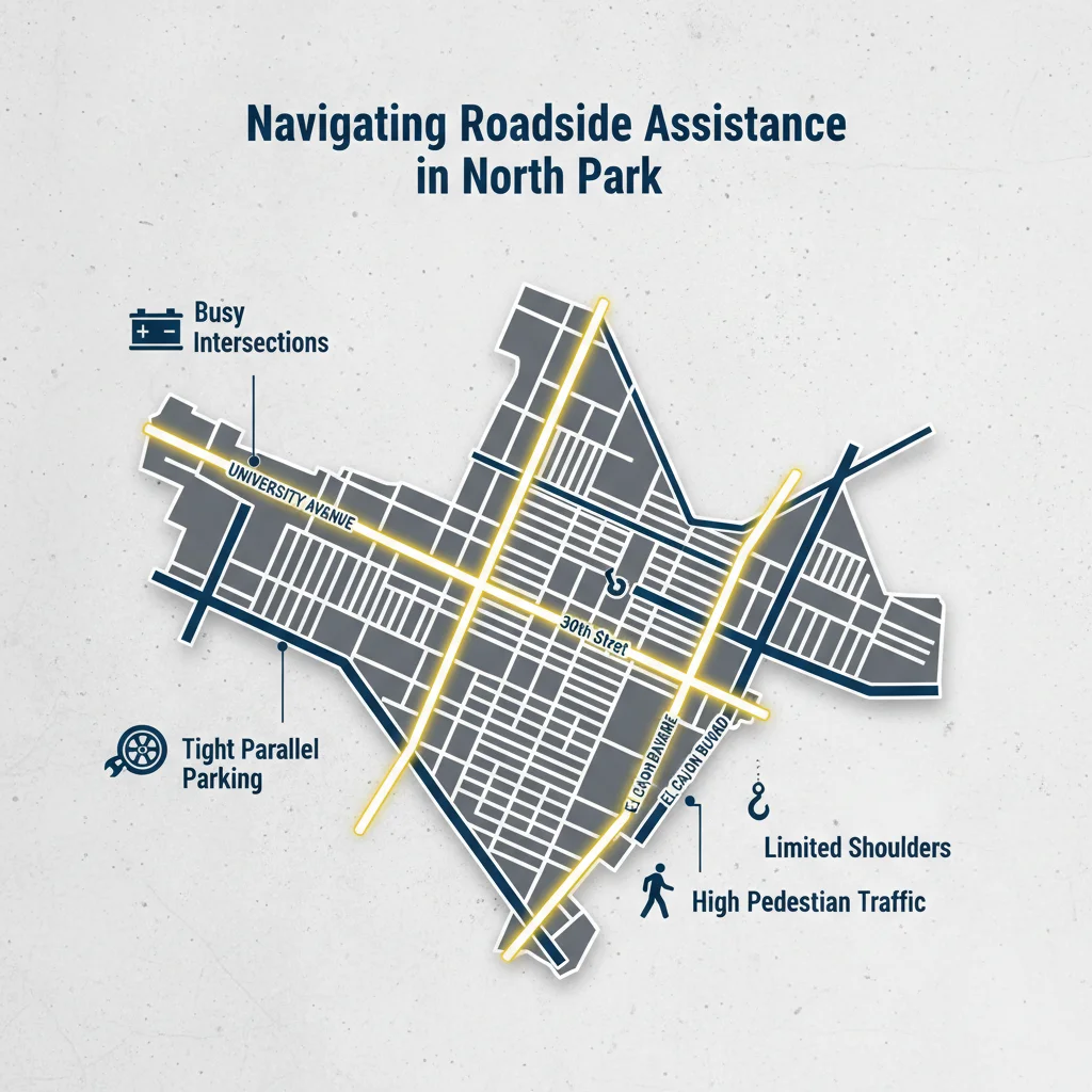 Map of North Park, San Diego, highlighting University Avenue, 30th Street, and El Cajon Boulevard as common areas for roadside assistance calls and noting local challenges.
