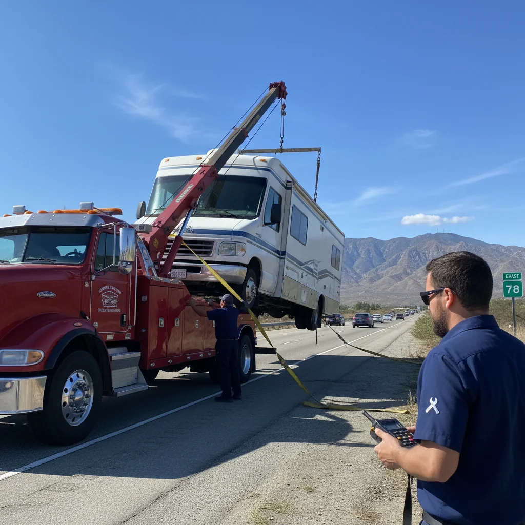 Heavy-duty wrecker loading a Class C motorhome on a San Diego County highway shoulder