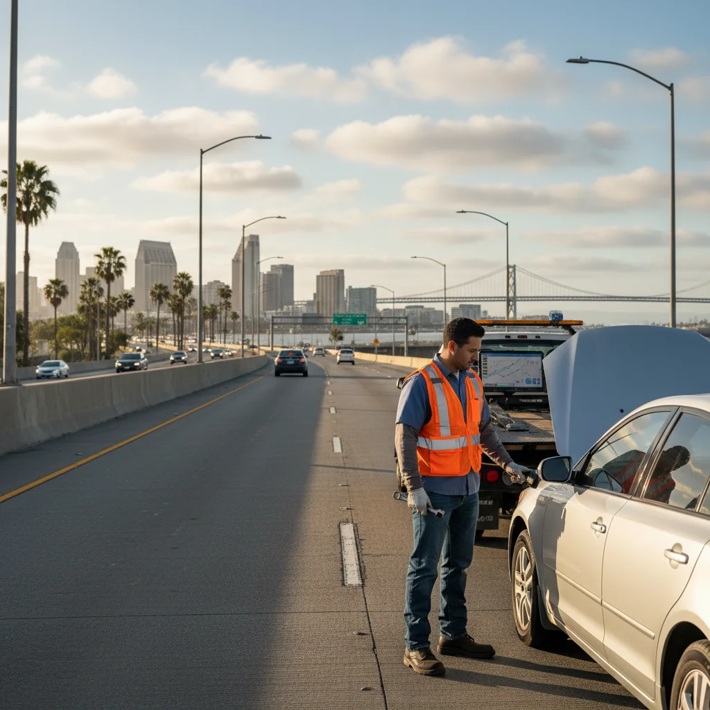 Flatbed tow truck loading a disabled sedan on the shoulder of I-5 in San Diego at dusk with city skyline visible in the distance