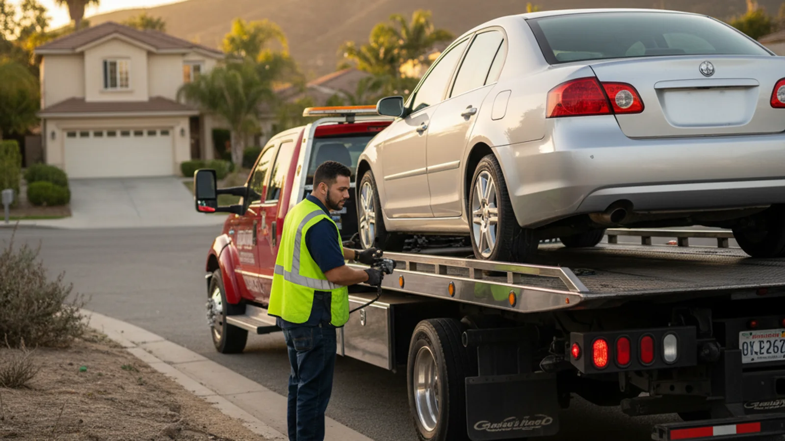 A Quick Tow San Diego flatbed loading a vehicle whose front wheel is angled inward from a snapped tie rod.