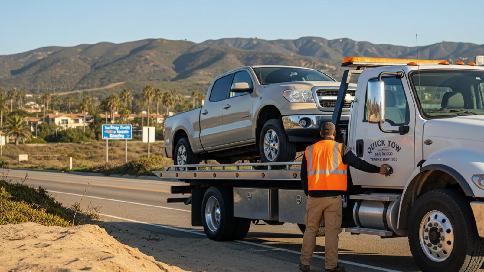 A Quick Tow San Diego flatbed and winch operation extracting a vehicle from soft sand in the Anza-Borrego desert.