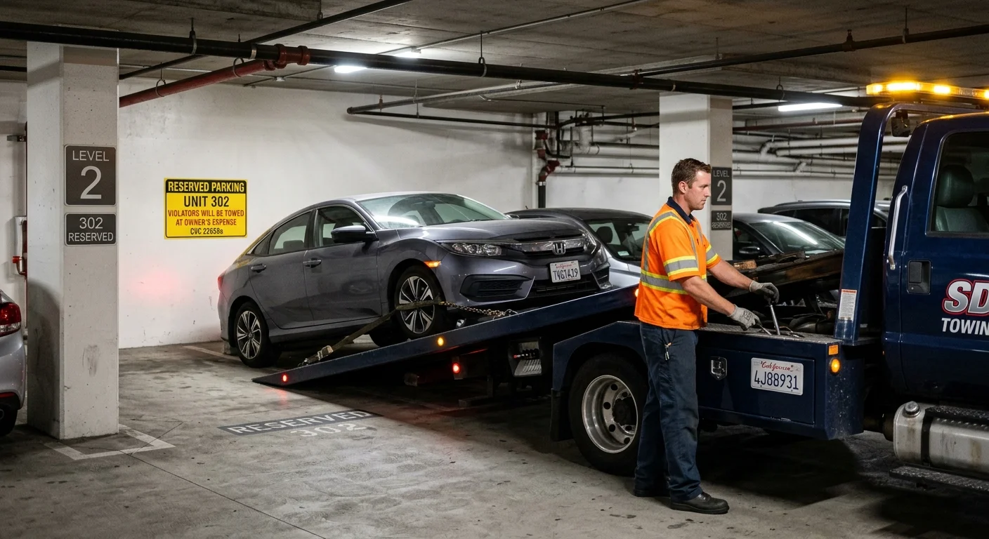 A tow truck carefully removing a car from a clearly marked 'Reserved' parking space in an apartment complex parking garage in San Diego.