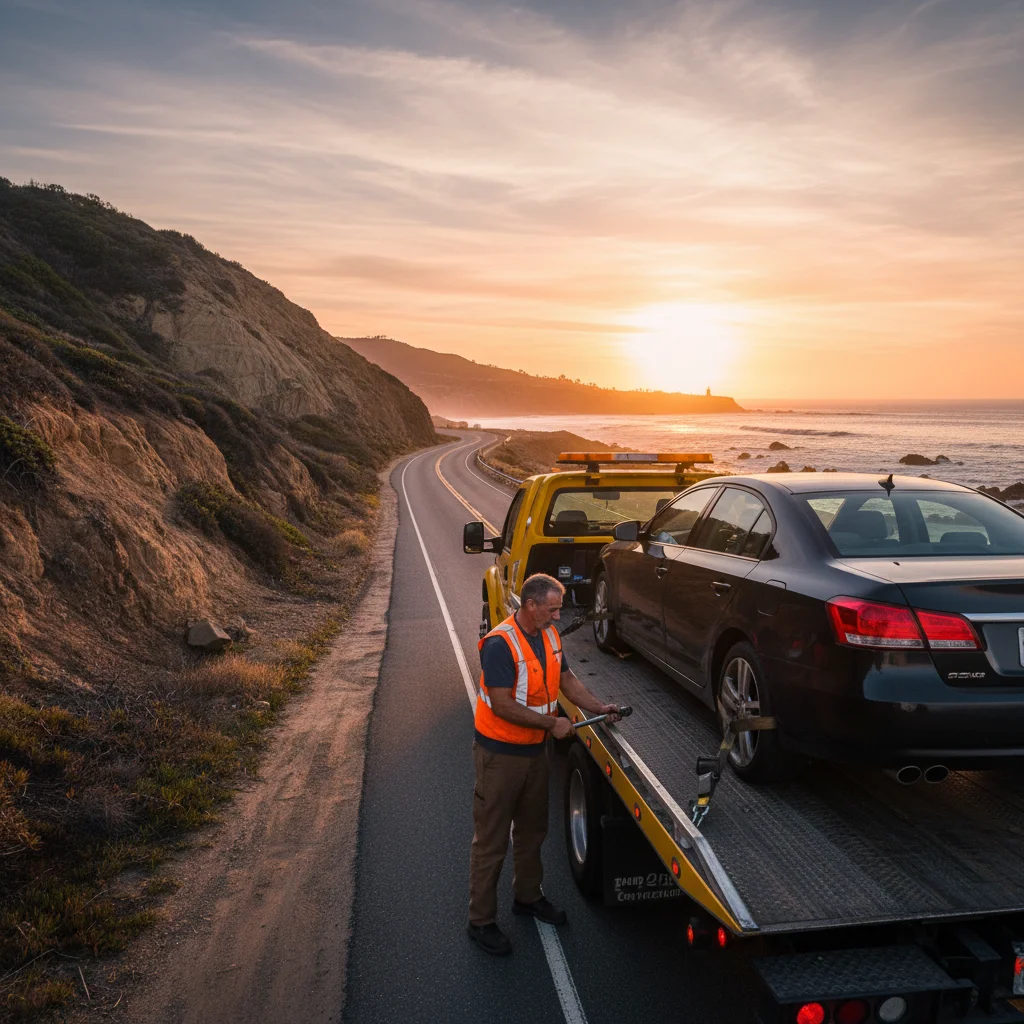 A flatbed tow truck on a Carlsbad coastal road near the bluffs, with the ocean visible at golden hour.