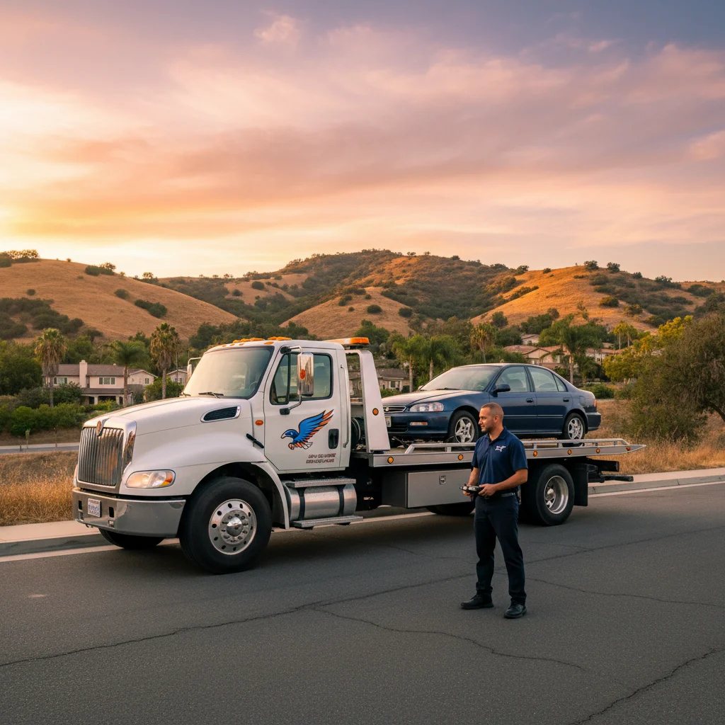 Flatbed tow truck on Valley Parkway in Escondido at golden hour with rolling hills in the background