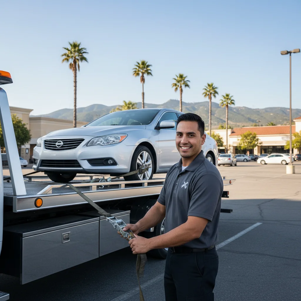 Tow operator securing a sedan to a flatbed in an Escondido parking lot, friendly and clean