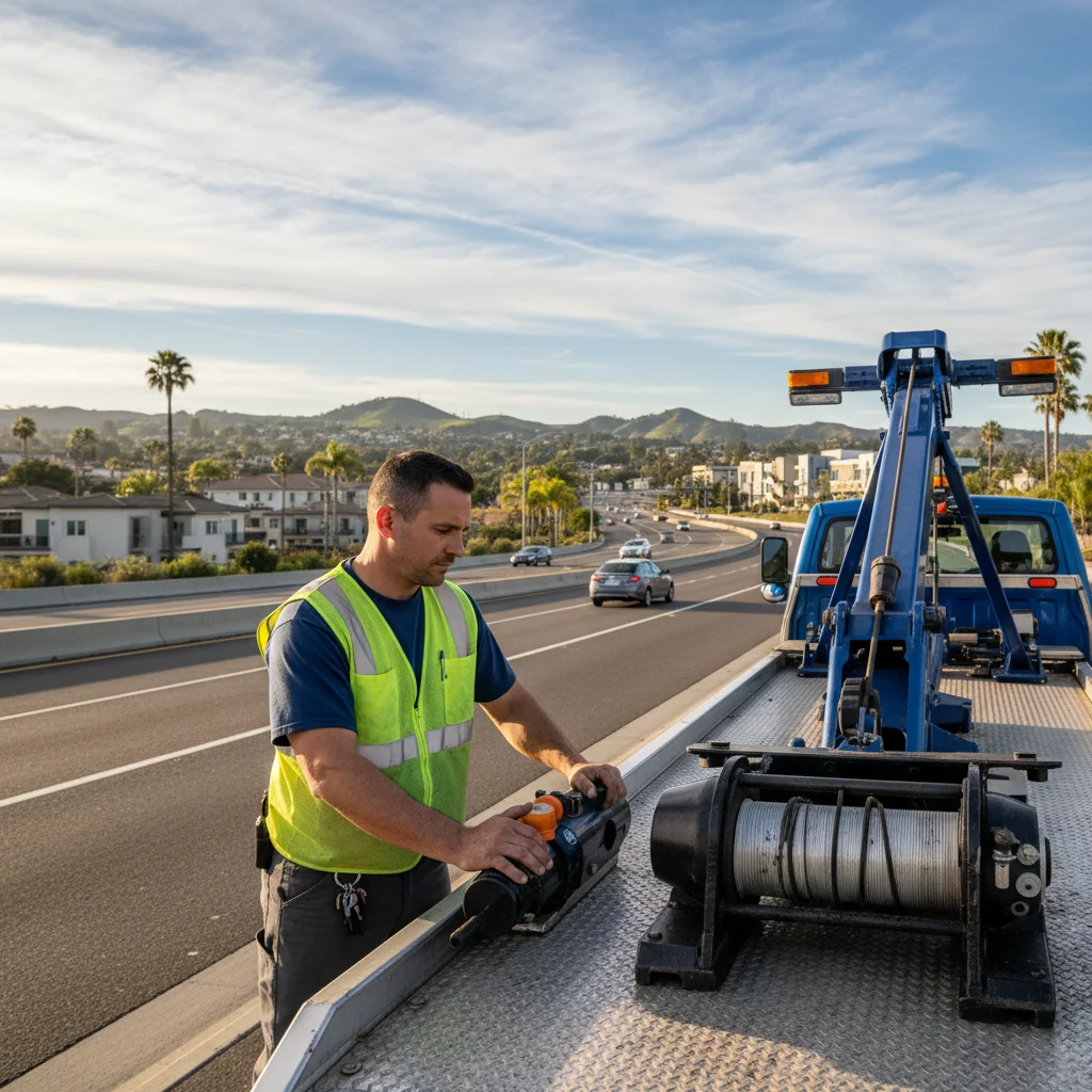 Flatbed tow truck assisting a broken-down sedan on a tree-lined street in Vista, California, with hills in the background.