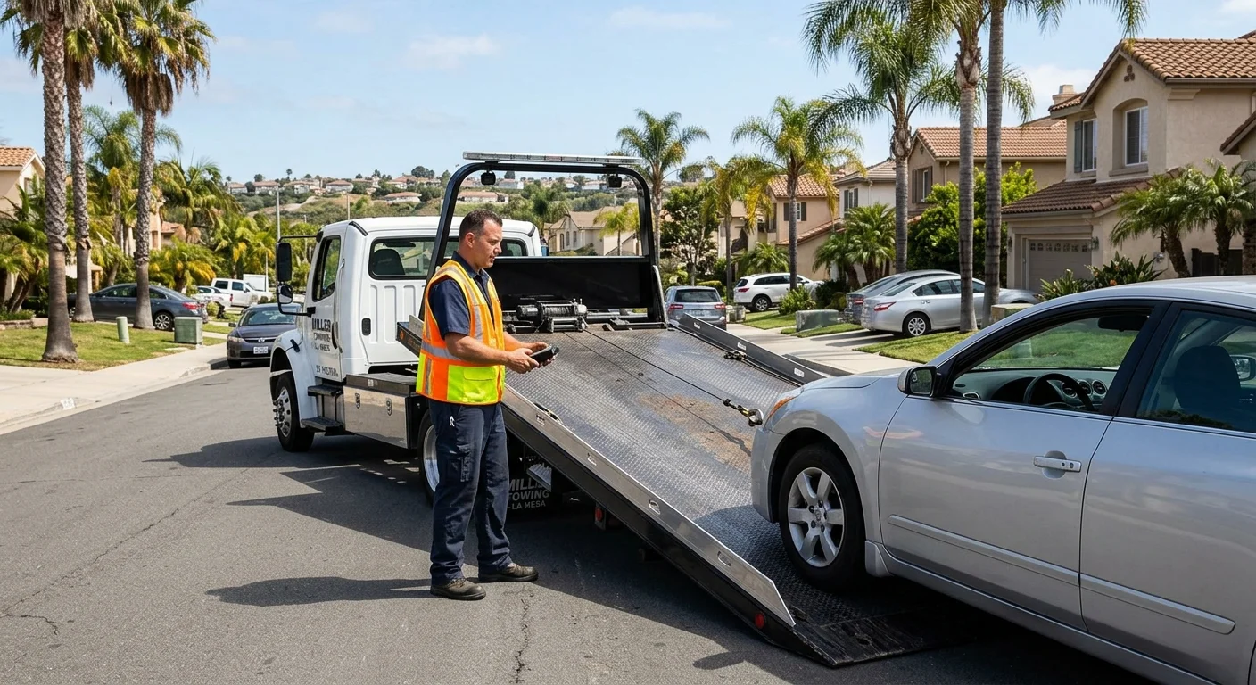 A flatbed tow truck loading a sedan on a sunny street in La Mesa, California, with palm trees and a suburban San Diego County backdrop.