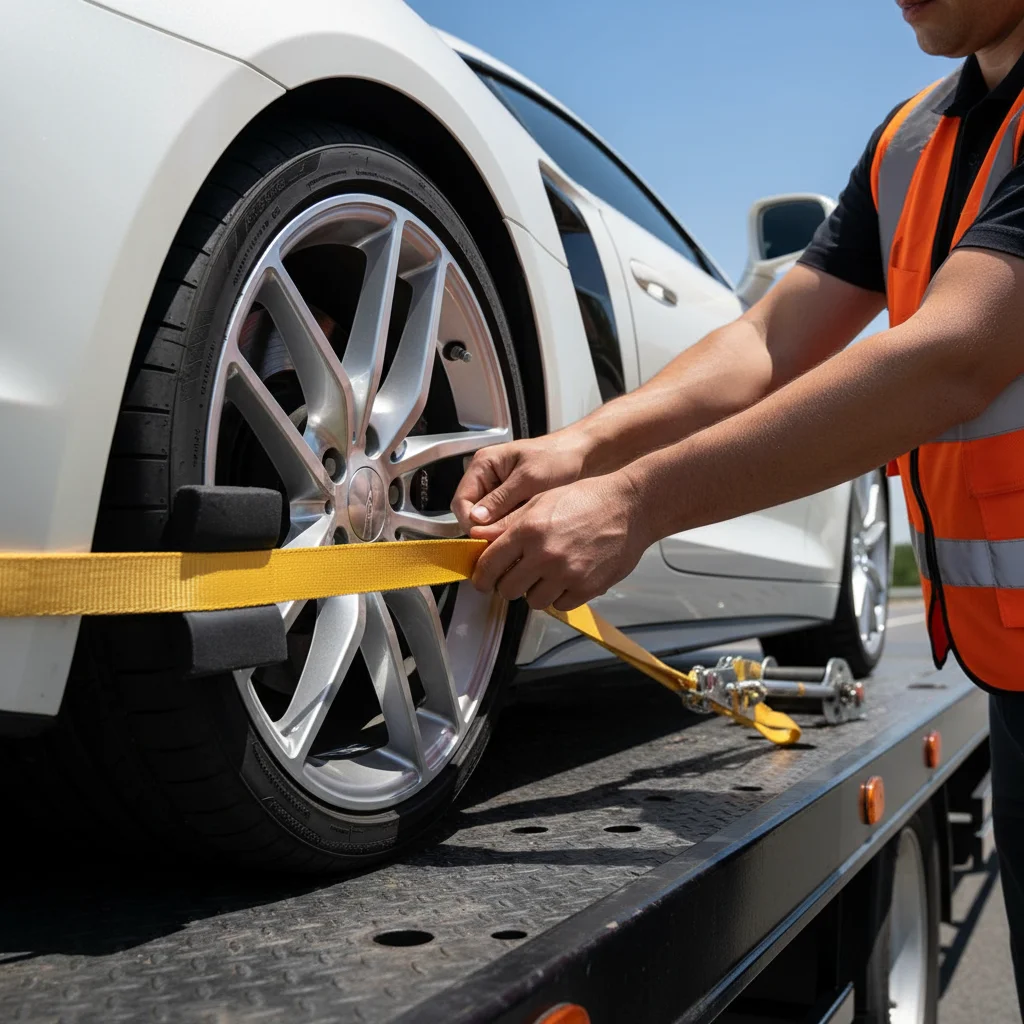 A close-up shot showing the soft, wide straps being secured around the tire of a