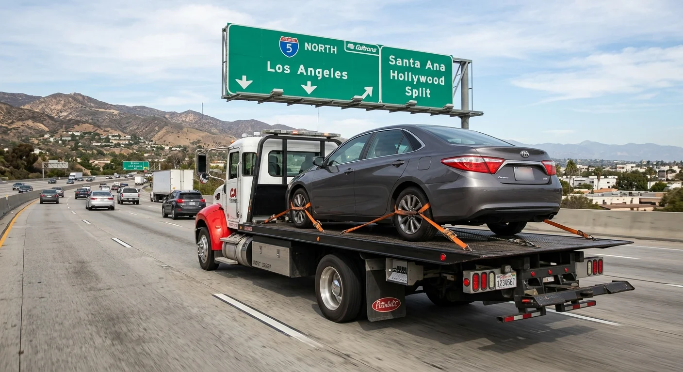 A flatbed tow truck driving north on the I-5 freeway with a clear shot of the 'Los Angeles' freeway sign and a car securely strapped to the back.