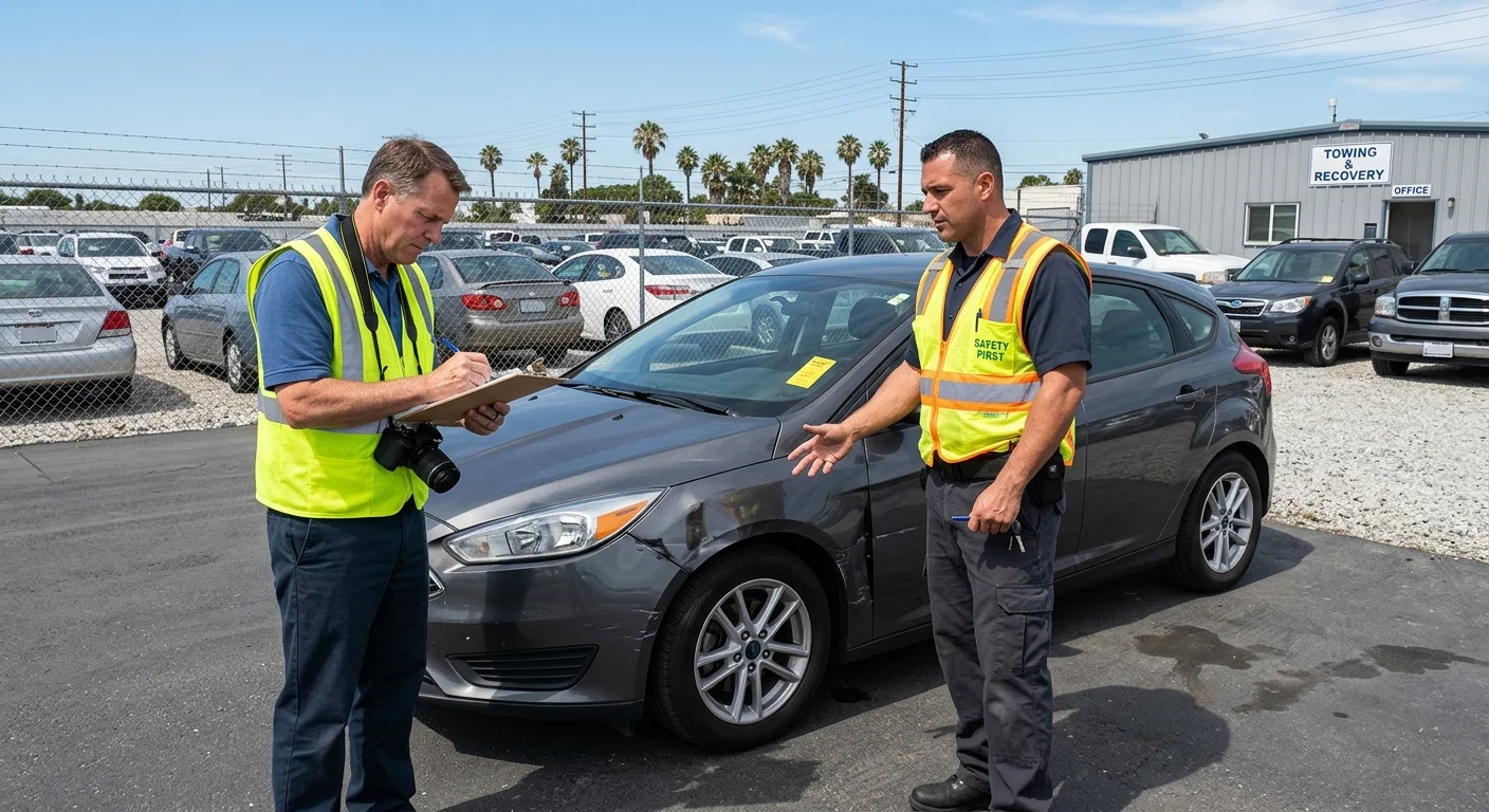 A slightly damaged car sitting in a secure, clean tow yard. An insurance adjuster with a clipboard is inspecting the vehicle.