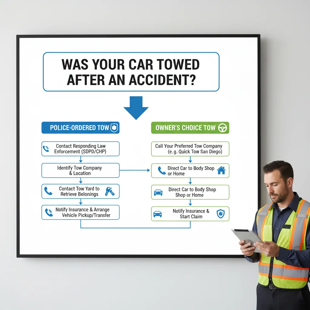 Flowchart detailing the decision process and next steps for a car towed after an accident, showing paths for police-ordered versus owner-chosen tows.