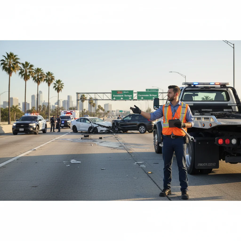 Damaged vehicles on the shoulder of a San Diego freeway after a collision, with emergency lights visible.