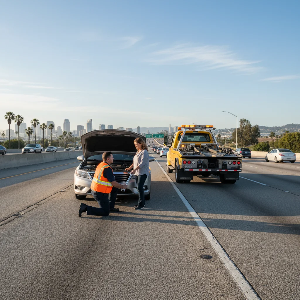 Disabled car with hazard lights on the shoulder of a busy San Diego freeway, a tow truck approaching in the background