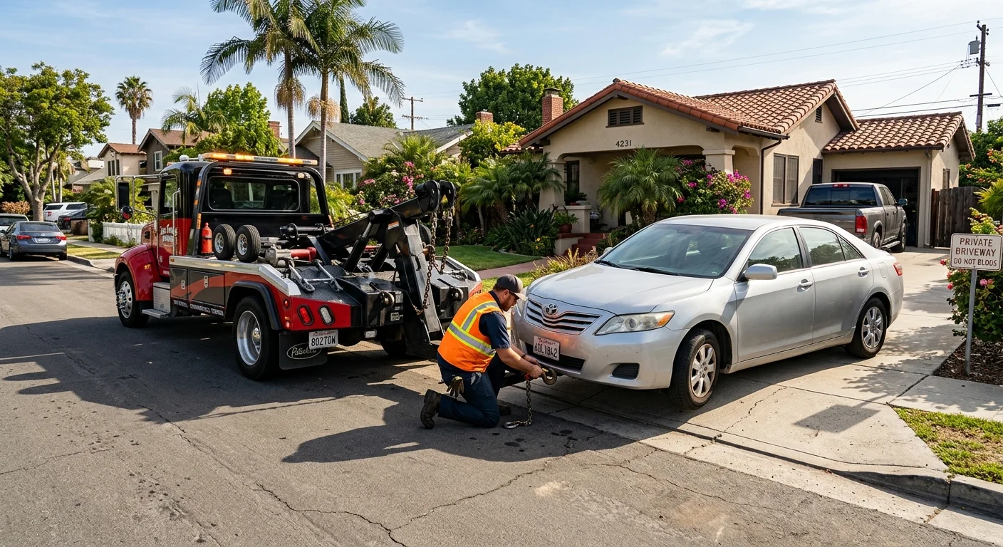 A tow truck carefully hooking up a sedan that is clearly blocking a residential driveway in a sunny San Diego neighborhood.