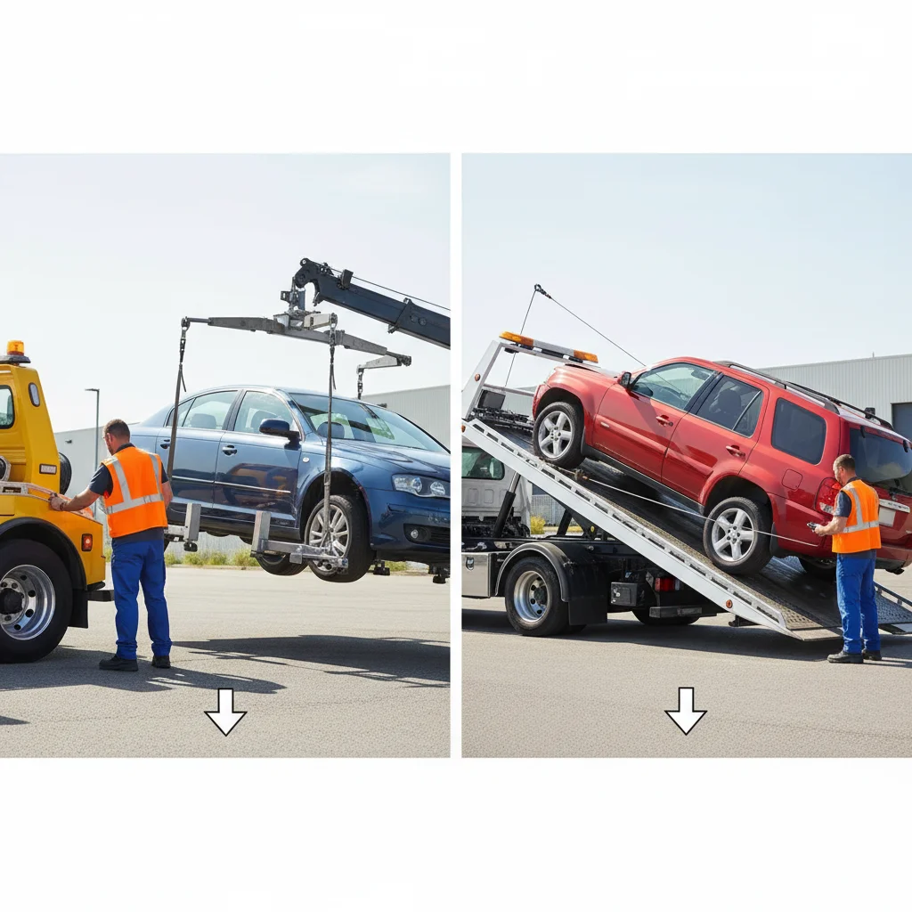 Diagram comparing a wheel-lift tow truck lifting a car by its wheels to a flatbed truck.